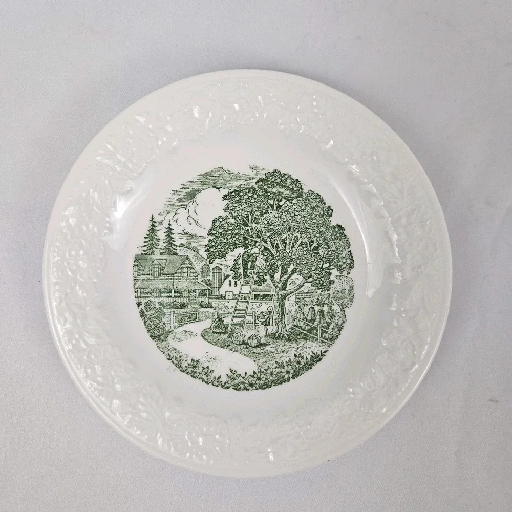 Homer Laughlin Teacup & Saucer Set Farm Scene Vintage Pastoral Green
